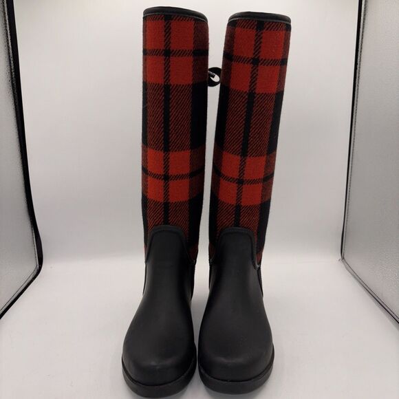 COACH Tristee Red Black Buffalo Plaid Fleece Lined Lace Up Rubber Rain Boots 6B - Picture 7 of 14
